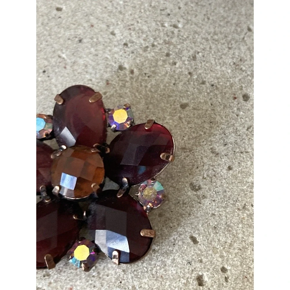 Antiqued Copper Tone Burgundy‎ Rhinestone Floral Brooch Statement Dark Romantic